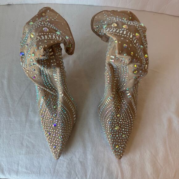Azalea Wang Opry Sock Bootie 8 Beige Stiletto Rhinestone Embellished Gems - Picture 6 of 10